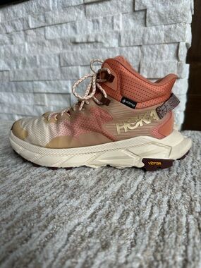 Hoka One GTX Women's Trail Mid-Top in Peach and Cream